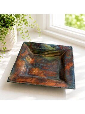 Hand-Painted Square Ceramic Decorative Plate Multicolor Abstract Design 10"x10"x